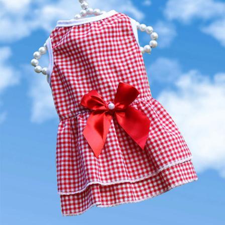 Kæledyrstøj Forår og sommer Hunde Kattetøj Stribede Spaghetti-stropper Mesh-nederdelkjole Small red plaid bow XL