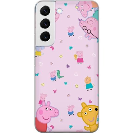 Kompatibelt Mobildeksel til Samsung Galaxy S22 5G Peppa Gris med en baby i armene, mamma gris motiv i fargerik og myk barneillustrasjon med hjerter