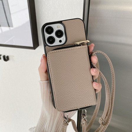 Etui til iPhone 16pro lychee-mønster full glidelås kortholder lanyard khaki japansk og koreansk cross