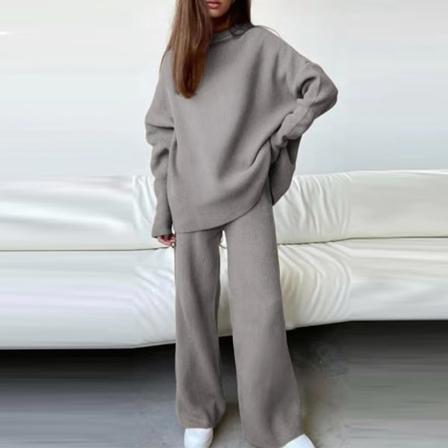 Dam Stickad Tvådelad Outfit Tröja Med Rund Hals + Byxor