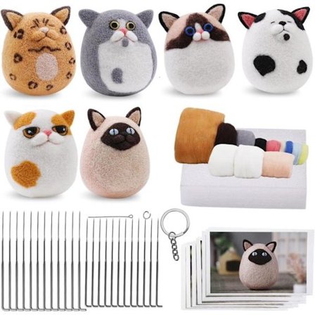 Filsett - DIY filsett med filtmateriale - Hobbysett for voksne - Lag 6 søte katteballer, formet som katter