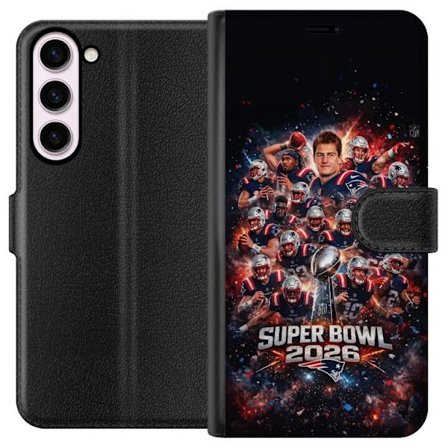 Yhteensopiva Lompakkokotelo Samsung Galaxy S23+ Super Bowl 2026 juliste, jossa New England Patriots ja NFL-mestaruuspalkinto räjähtävän urheilullisess