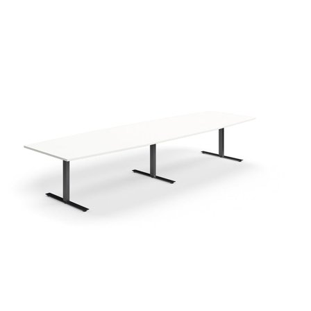 Conference table QBUS, boat shaped, 4000x1200 mm, T-frame, black frame, white