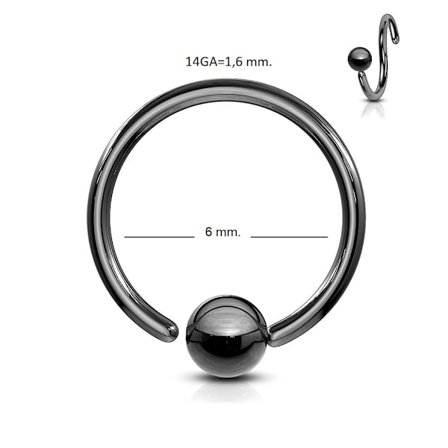Fleksibel BCR Piercing i IP Sort 316L stål 14 GA-6 mm Ø