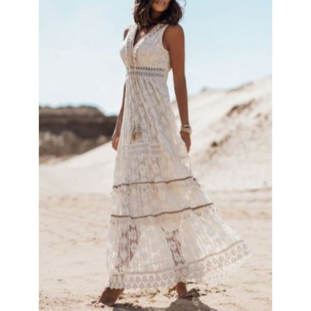 Sommar Boho Långa Klänningar Kvinnor Spets V-hals Spaghetti Rem Klänning Dam Off Shoulder Strandklänning Vit Klänning Vestidos De Mujer
