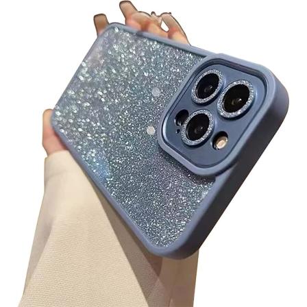 IC iPhone 13 Pro Max-fodral med lyxig metall Bling-kameralins Söt Sparkly Diamond Slim Clear Back & Matt Bumper Silikon Dam-blå