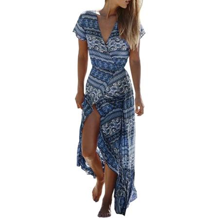 ivimos Dam Sommar Långärmad Koftan Sexig Maxi Klänningar Blå Ränder Stor