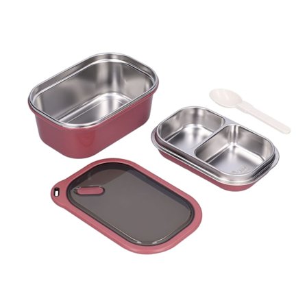 Rustfri stål Bento Box, 1,2L Dobbeltlags Lækagesikker Madbeholder til Voksne og Børn Firkantet Madopbevaringsboks med Aftagelig Ske (Rød)