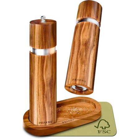 Akasie Tre Salt- og Pepperkverner med Brett - Keramisk Kvern - Bærekraftig Tre (2 stk)