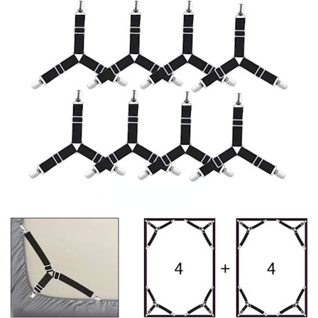 8 stk lakenholdere, justerbare elastiske triangelbånd