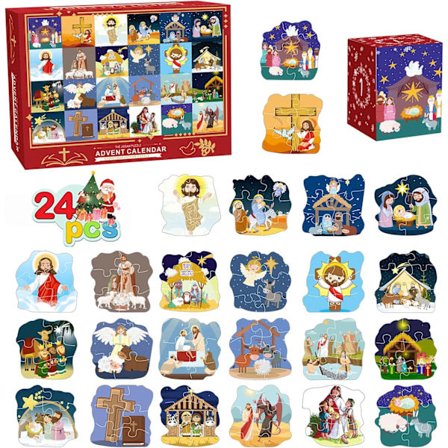 Julekrybbe Puslespill Adventskalender, 1008 Brikker Julepuslespill Familiespill Julegaver til Barn og Voksne, Julekrybbe Kalendere 