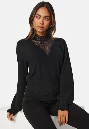 ONLY Rebecca LS Mix Highneck Knit Black Klær