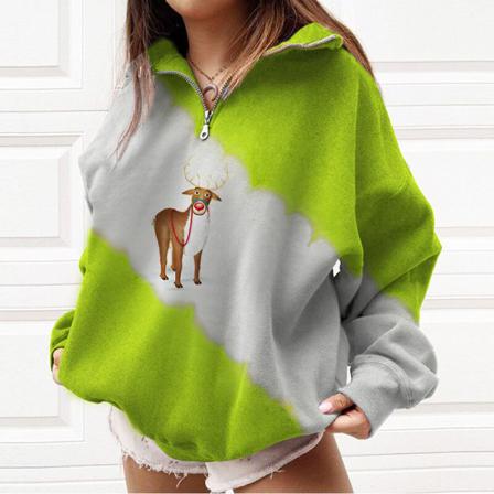 Kvinnor Print T-shirt Dragkedja Color Block Christmas Sweatshirt