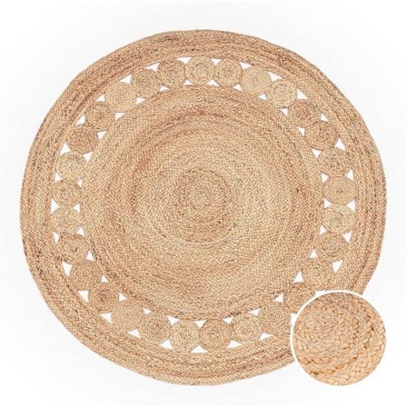 Rundt Teppe Stue Jute Etnisk Mønster Boho Moderne Håndlaget Naturlig Teppe, Størrelse: 80 cm Rund, Farge: Naturlig