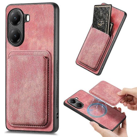 Case for Xiaomi Poco X7 Pro 5G Compatible with MagSafe Leather Back Cover with Detachable Card Holder Pink