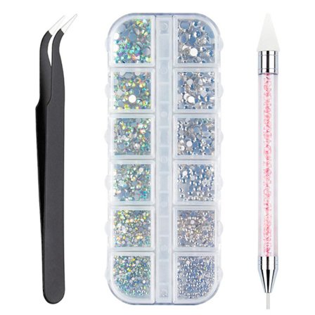 Neglekunst Rhinestones Kit Multifunksjonell DIY Håndverk Rhinestones Dekorasjoner med plukkepenn Pinsett for Hjem Neglesalong