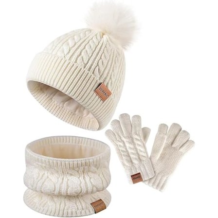 Vintermössa, Vantar och Halsduk Set för Barn, Flickor Barnmössor Beanie med Pom Pom Stickad Halsvärmare Gaiter Vantar Fleecefodrad Set