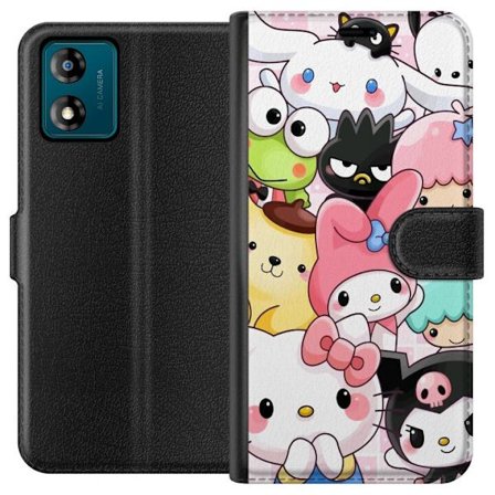 Yhteensopiva Lompakkokotelo Motorola Moto E13 Tiheä kuvio suloisia hahmoja, joilla on suuret silmät eri väreissä ja ilmeissä LABUBU-tekstillä
