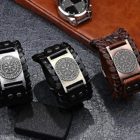 Vintage Herre Bredt Lær Pirat Rustfritt Stål Kompass Armbånd Smykker