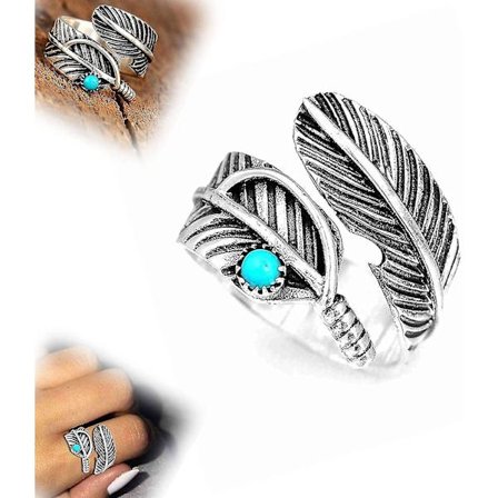 Boho Fjäder Turkos Justerbar Ring, Silver Bred Naturblad Ring, Tumring För Kvinnor Män, Vintage Rostfritt Stål Fjäder Wrap Ring, Manschett Ring Fo