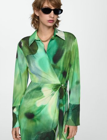Mango Printed Bow Dress - Green - XS