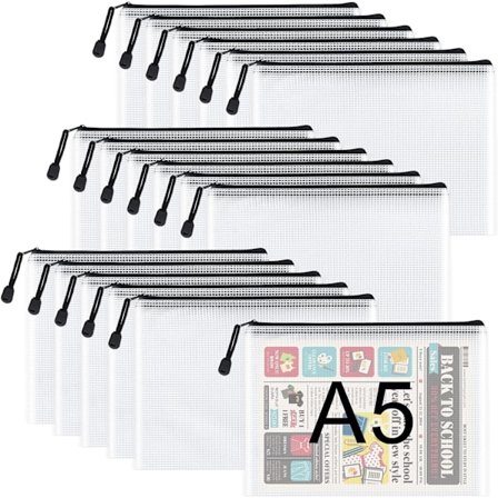 A5 Plast Glidelåsmapper - 18 stk A5 Mesh Glidelåspose Plast Glidelåsposer Dokumentlommebok Fil Glidelåsposer Reiseoppbevaringspose for Kontorutstyr