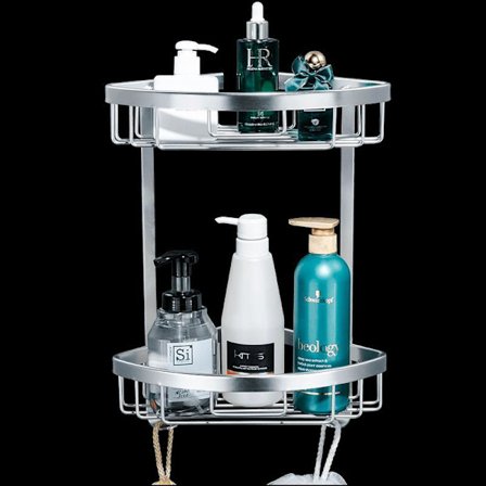 Dusjhylle uten boring hjørne baderom selvklebende dusj baderomstilbehør 2 nivåer sølv