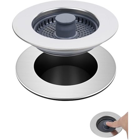 Kjøkkenvask Sil og Propp Kombinasjon - Universal 3 i 1 Rustfritt Stål Clamshell med Anti-Tettende Sil, Sølv, 10.8*2.5cm