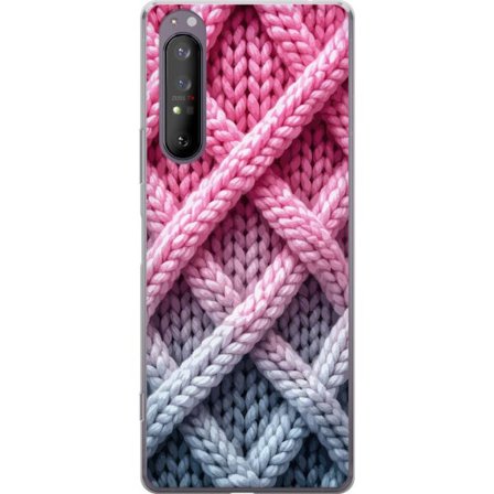 Kompatibelt Mobildeksel til Sony Xperia 1 II Nærbilde av flettet tekstilmønster i rosa, grå og hvite nyanser med taktile strukturer