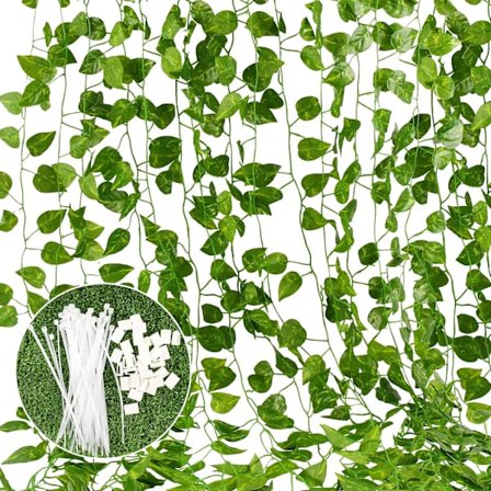 12 kpl * 2 m:n tekoköynnös, ulkokäyttöön sopiva, tekotekra, vihreä, keinotekoinen lehvästö, sisustukseen, häihin, parvekkeelle, keittiöön, puutarhaan,