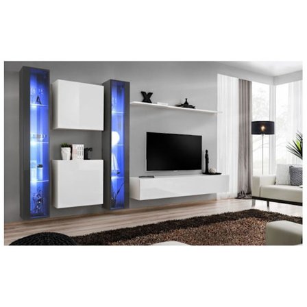 Väggenhet - Switch XVI - 2 LED-montrar - 2 fyrkantiga montrar - 1 TV-bänk - 1 hylla - Vit och grafit - Modell 2