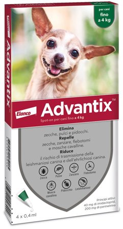 Advantix Spot On Per Cani Fino A 4Kg Soluzione 4 Pipette da 0,4ml