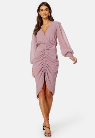 Goddiva-Long Sleeve Chiffon Rouched Midi Dress-S (UK10)