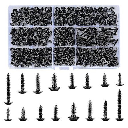 340 stk. selvborende skruer, karbonstål selvborende skruer, svarte treskruer, sett med skruer med rundt hode, Phillips skruer med flatt hode for mykt 