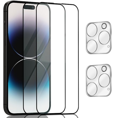 2-Pack ‏‏Iphone 14 Pro Skärmskydd & 2-Pack linsskydd - Härdat Glas 9H - Super kvalitet 3D