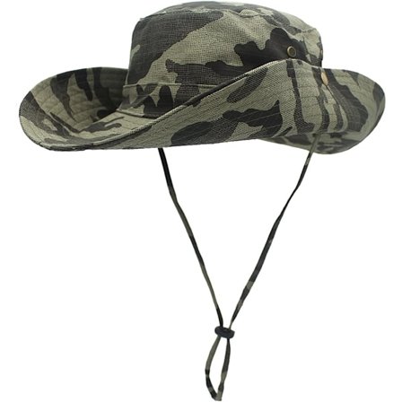 Camouflage solhat med bred skygge og justerbar hagerem