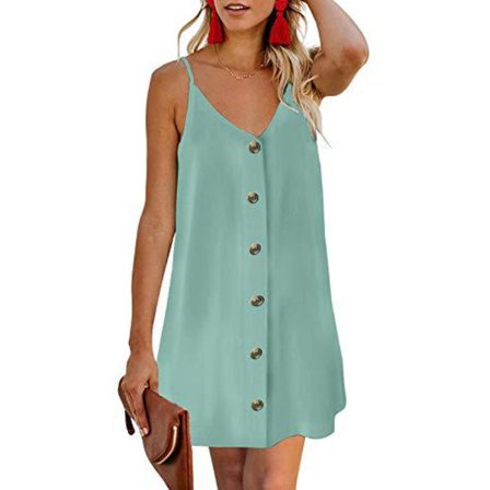 Kvinners sommerkjole med spaghettistropper og lommer, knappelukking, kjoler XL lys grønn
