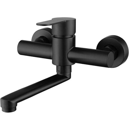 DEBUNS Väggmonterad Köksblandare 304 Rostfritt Stål Diskbänksblandare 360° Roterbar Diskbänkskran med Svart Pip