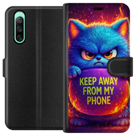 Kompatibelt Lommeboketui til Sony Sony Xperia 10 IV Sinna lodne blå katt med teksten "Hold deg unna telefonen min" i neonfarger og ildlignende effekt