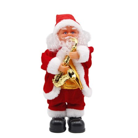 Dansende og syngende julemandsfigur, elektrisk juledekoration med julemand der spiller saxofon