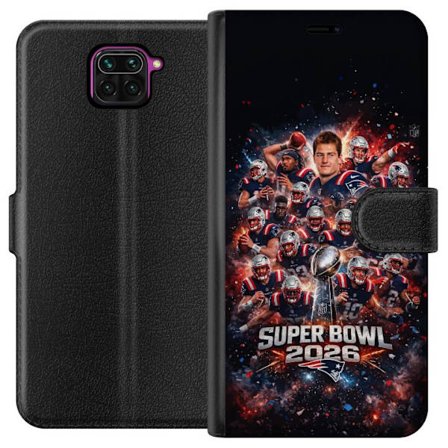 Yhteensopiva Lompakkokotelo Xiaomi Redmi Note 9 Super Bowl 2026 juliste, jossa New England Patriots ja NFL-mestaruuspalkinto räjähtävän urheilullisess