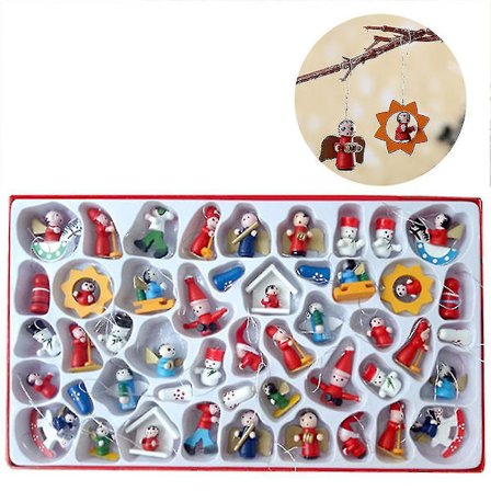 Miniatyyriset joulukoristeet, 24 kappaleen setti - Pienet miniatyyriset joulukuusen koristeet - Joulupukki, lumiukko, piparkakku, enkeli - 