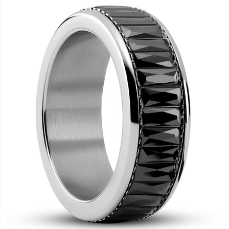 Enthumema | 8 mm Silver-tone Stainless Steel & Black Zirconia Fidget Ring for Men - Steel rings