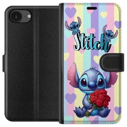 Kompatibelt Lommeboketui til Apple iPhone 16e Romantisk illustrasjon av Stitch som holder røde roser mot stripet bakgrunn