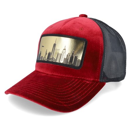 Calza Pennello - New York Gold Patch Velvet Red/Black A-frame Trucker Trucker Red Cap - @ Hatstore