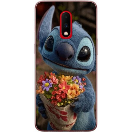 Kompatibel Mobilcover til OnePlus OnePlus 7 Sød blå figur med store øjne, der holder en farverig buket i en varm og kær stil