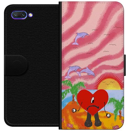 Kompatibelt Lommeboketui til Honor 10 Bad Bunny i en fargerik quiltet jakke med hjertemønster og solbriller i moderne gatestil