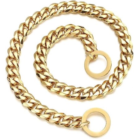 Guld Hundhalsband 18K Guld P Kedja 15mm Kubansk Kedjelänk Halsband Promenad Träning Liten till Medelstor Hund 12"