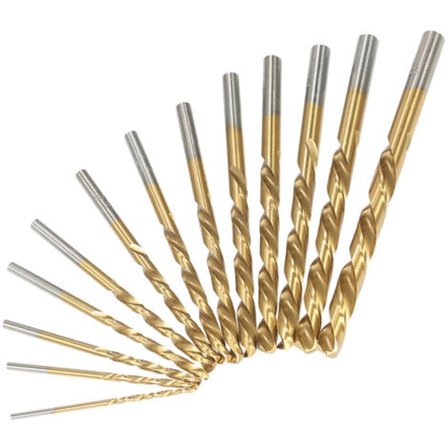 En uppsättning med 13 M2 snabbstål vänsterroterande borrar, ytbelagda med titannitrid.