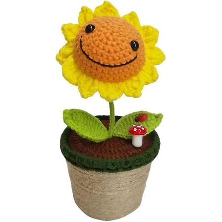 Magic Hand Mini Hæklet Gul Solsikke Potteplanter, indendørs Grønt Midterstykke, gaver, Mors Dags Dekorationer, Bordpladeindretning, Ca. 18,8 cm